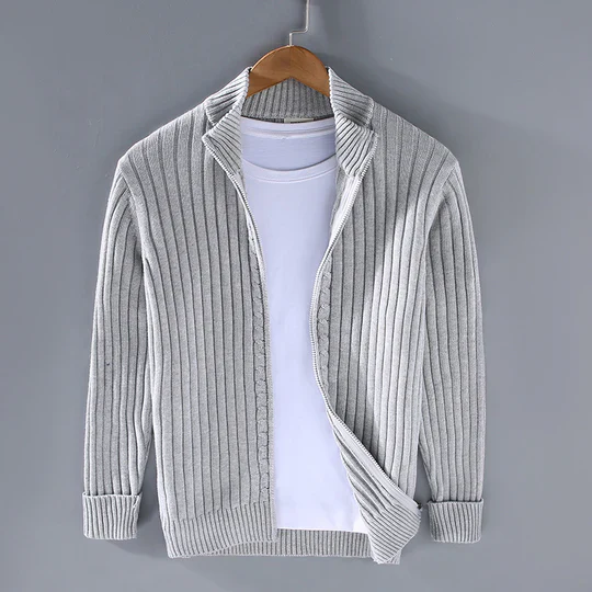 Men's Knitted Cardigan – Slim Fit – Cotton – Ribbed Texture – Zipper Closure - Image 4