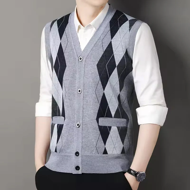 Men's Knitted Vest – Slim Fit – Wool Mix – Checked – Button Closure – V-Neck - Image 2