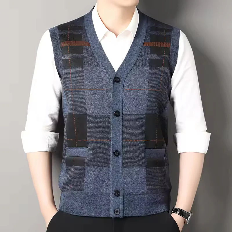 Men's Knitted Vest – Slim Fit – Wool Mix – Checked – Button Closure – V-Neck - Image 3