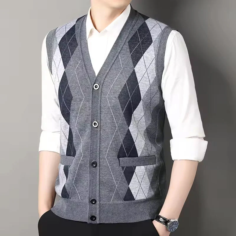 Men's Knitted Vest – Slim Fit – Wool Mix – Checked – Button Closure – V-Neck - Image 4