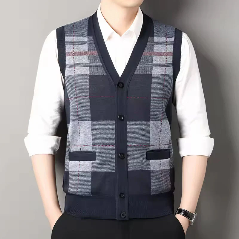 Men's Knitted Vest – Slim Fit – Wool Mix – Checked – Button Closure – V-Neck - Image 5