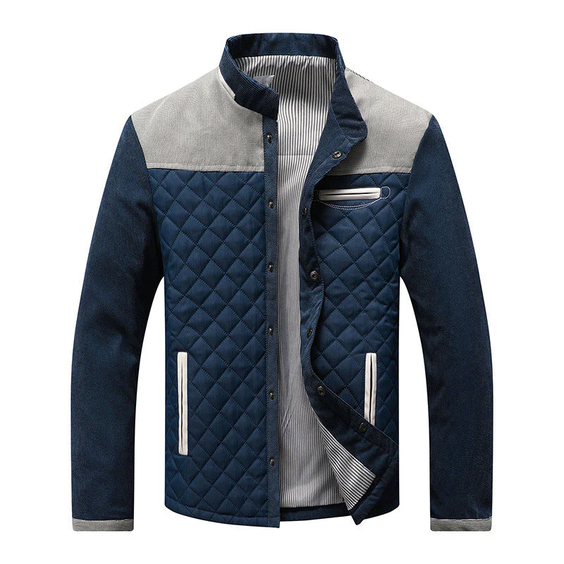 Men's Quilted Jacket – Tailored Fit – High Collar – Suede Details – Zipper Pockets - Image 2