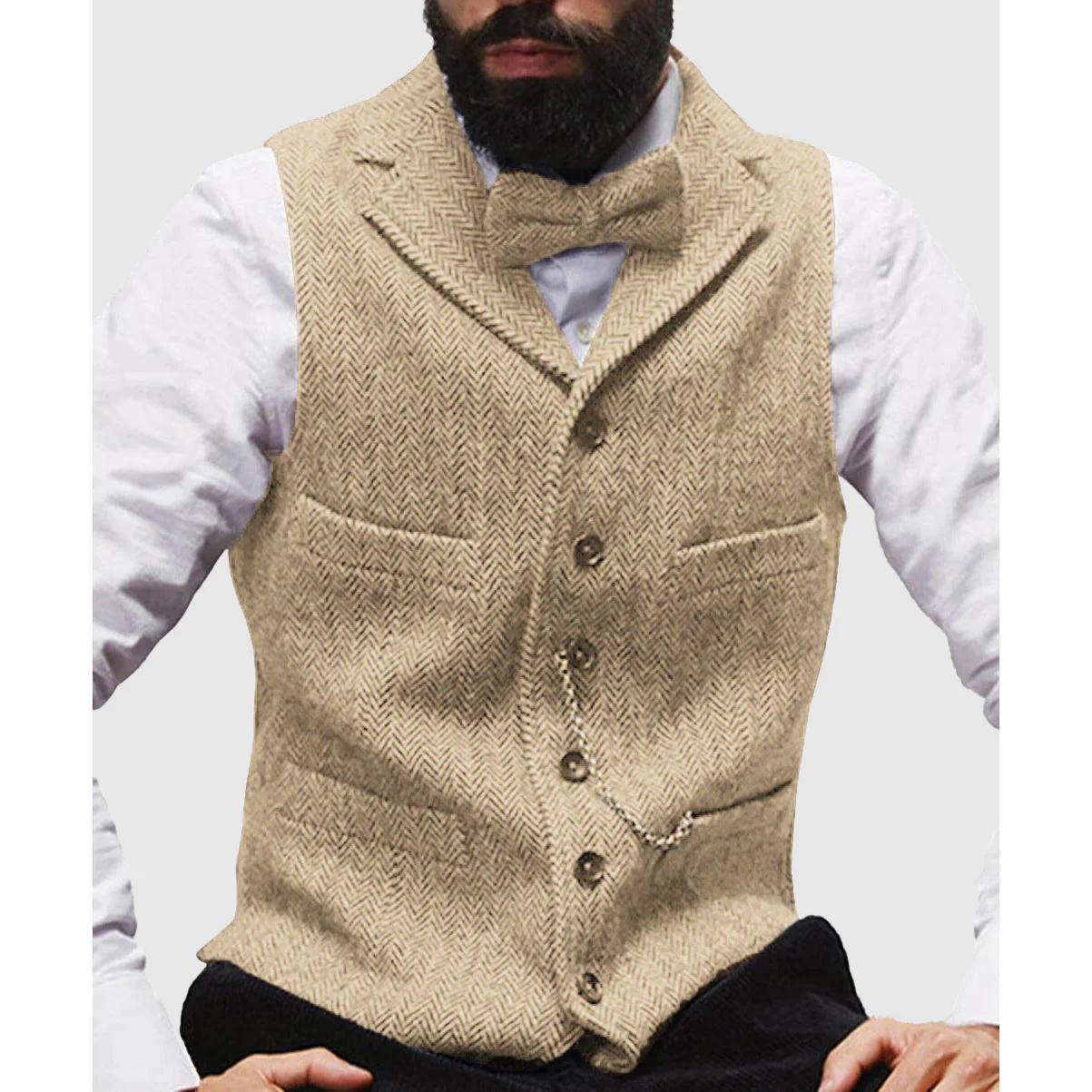 Men's Waistcoat – Tailored Fit – Wool Texture – Herringbone – Formal Button Closure - Image 5