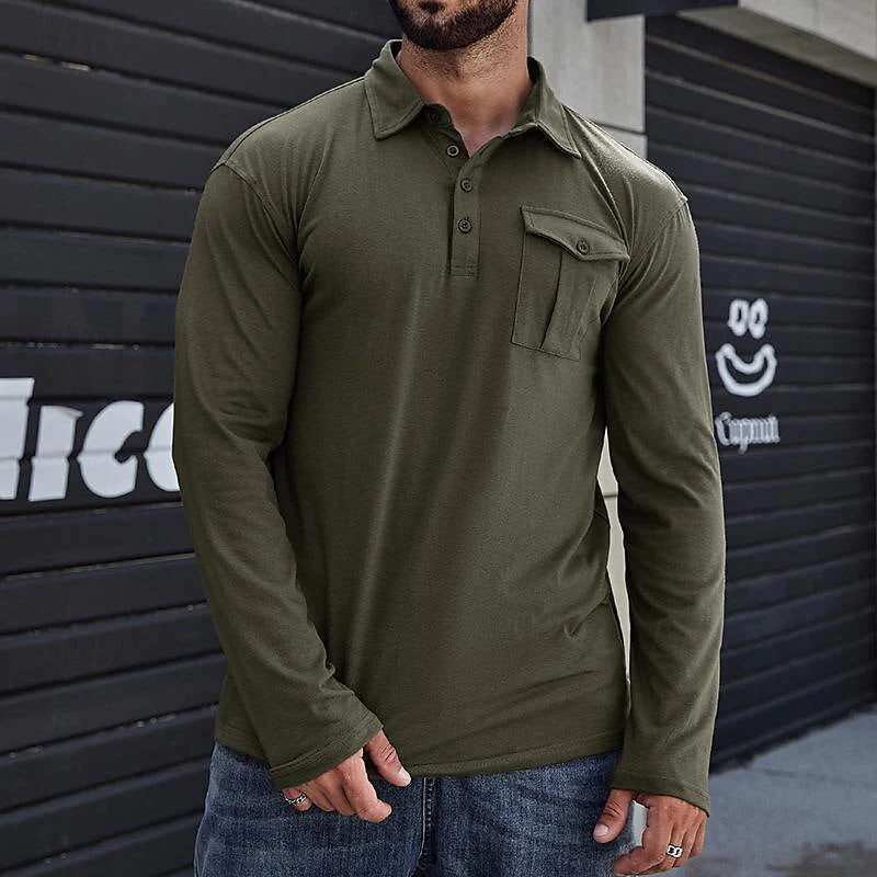 Men's Henley Polo Shirt – Regular Fit – Cotton – Long Sleeves – Chest Pocket Casual - Image 2
