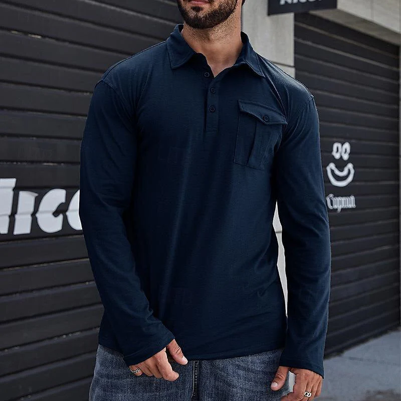 Men's Henley Polo Shirt – Regular Fit – Cotton – Long Sleeves – Chest Pocket Casual - Image 3
