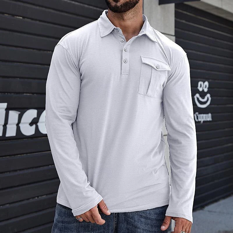 Men's Henley Polo Shirt – Regular Fit – Cotton – Long Sleeves – Chest Pocket Casual - Image 4
