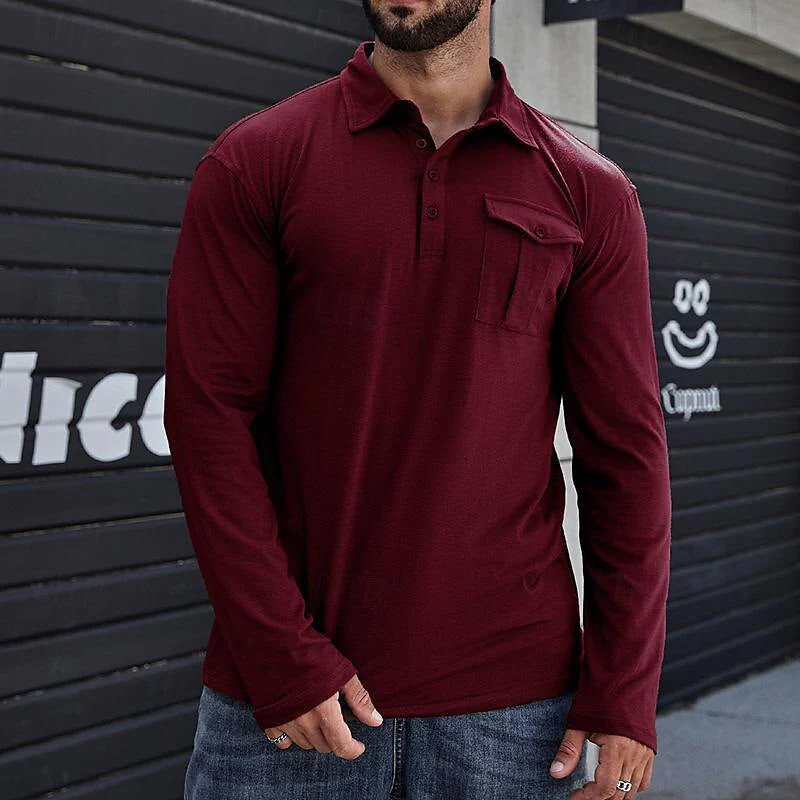 Men's Henley Polo Shirt – Regular Fit – Cotton – Long Sleeves – Chest Pocket Casual - Image 5