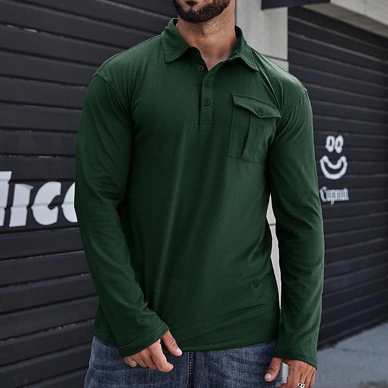 Men's Henley Polo Shirt – Regular Fit – Cotton – Long Sleeves – Chest Pocket Casual - Image 6