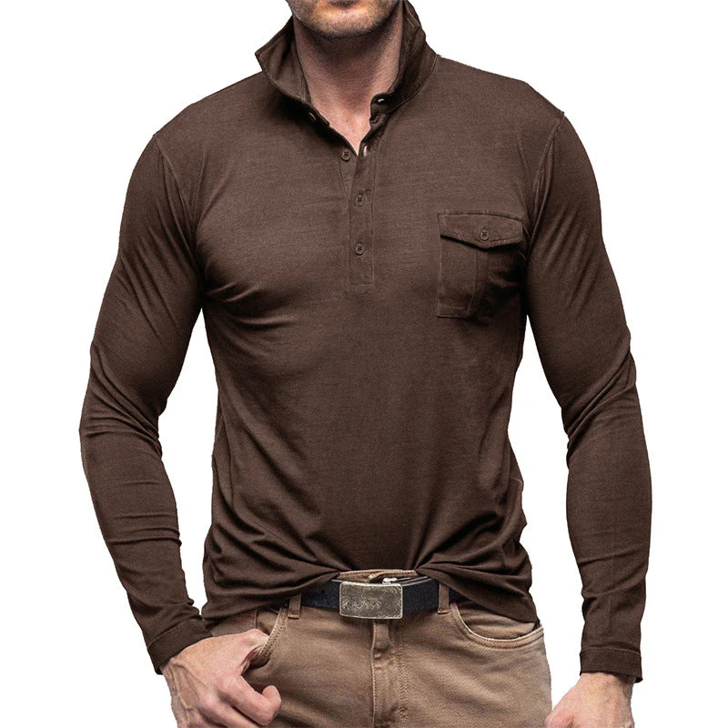 Men's Henley Polo Shirt – Regular Fit – Cotton – Long Sleeves – Chest Pocket Casual - Image 7