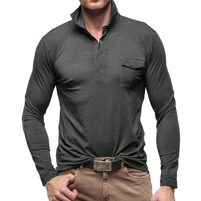Men's Henley Polo Shirt – Regular Fit – Cotton – Long Sleeves – Chest Pocket Casual - Image 8