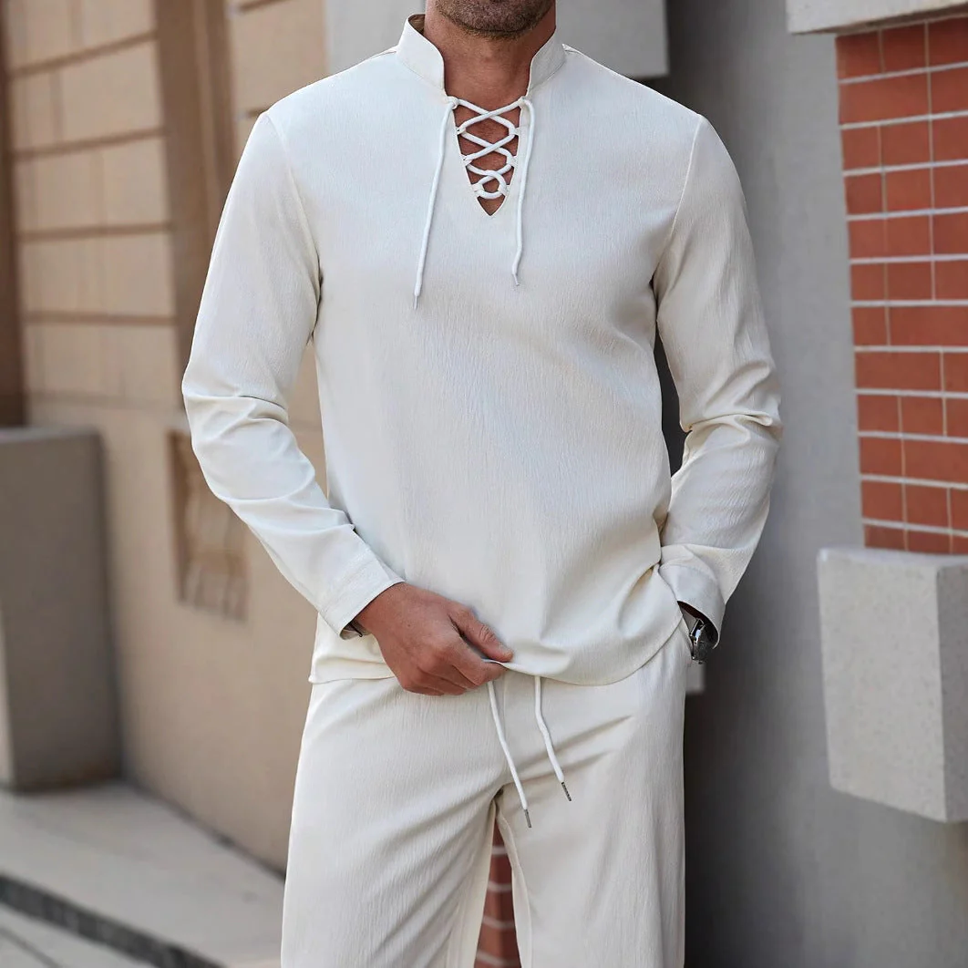Men's Henley Shirt – Natural Fabrics – Relaxed Fit – Lace-up Closure – Band Collar - Image 2