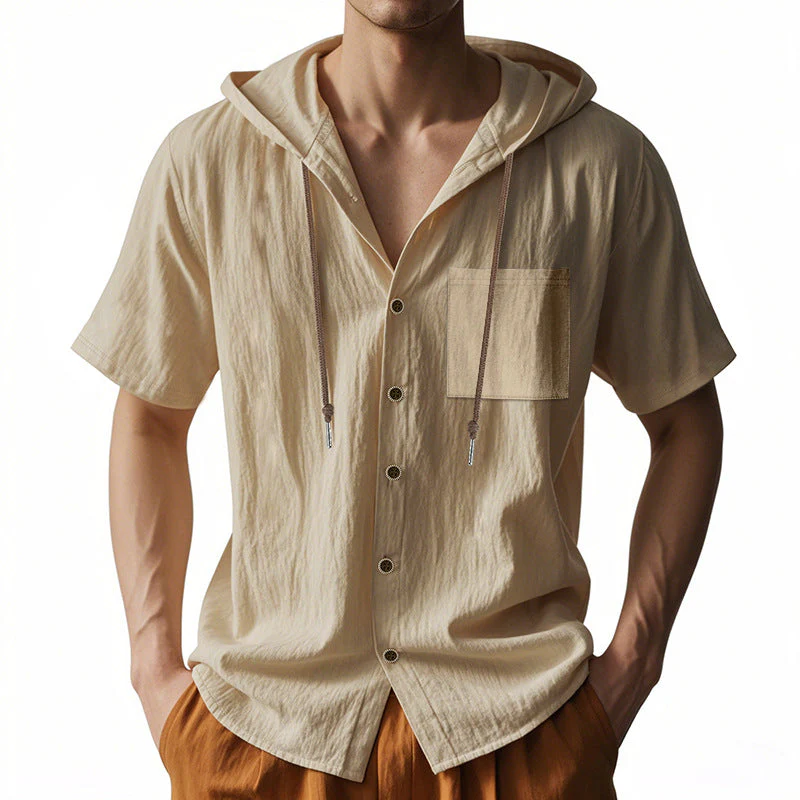 Men's Hooded Shirt – Linen Blend – Relaxed Fit – Short Sleeve – Button Closure Casual - Image 2