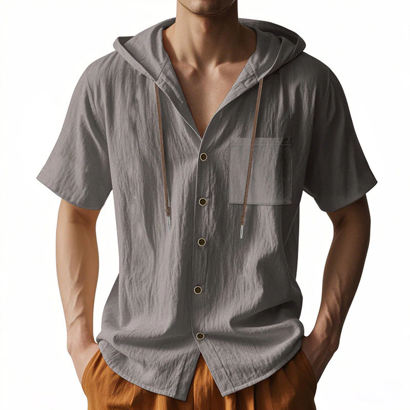 Men's Hooded Shirt – Linen Blend – Relaxed Fit – Short Sleeve – Button Closure Casual - Image 3