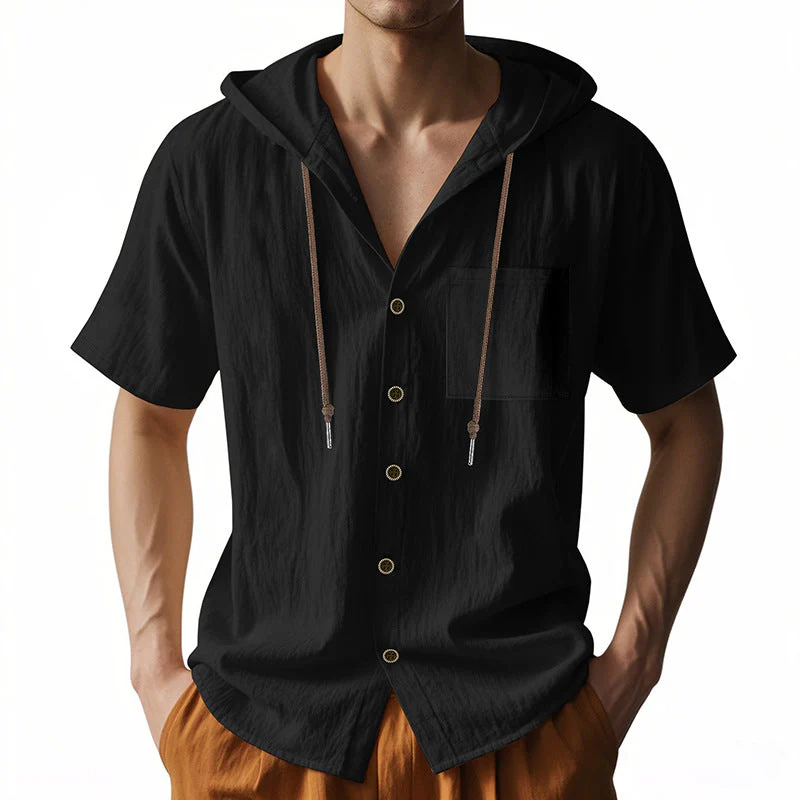Men's Hooded Shirt – Linen Blend – Relaxed Fit – Short Sleeve – Button Closure Casual - Image 4