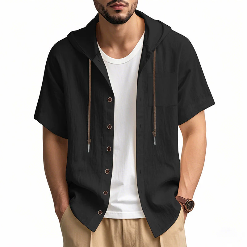 Men's Hooded Shirt – Linen Blend – Relaxed Fit – Short Sleeve – Button Closure Casual - Image 5