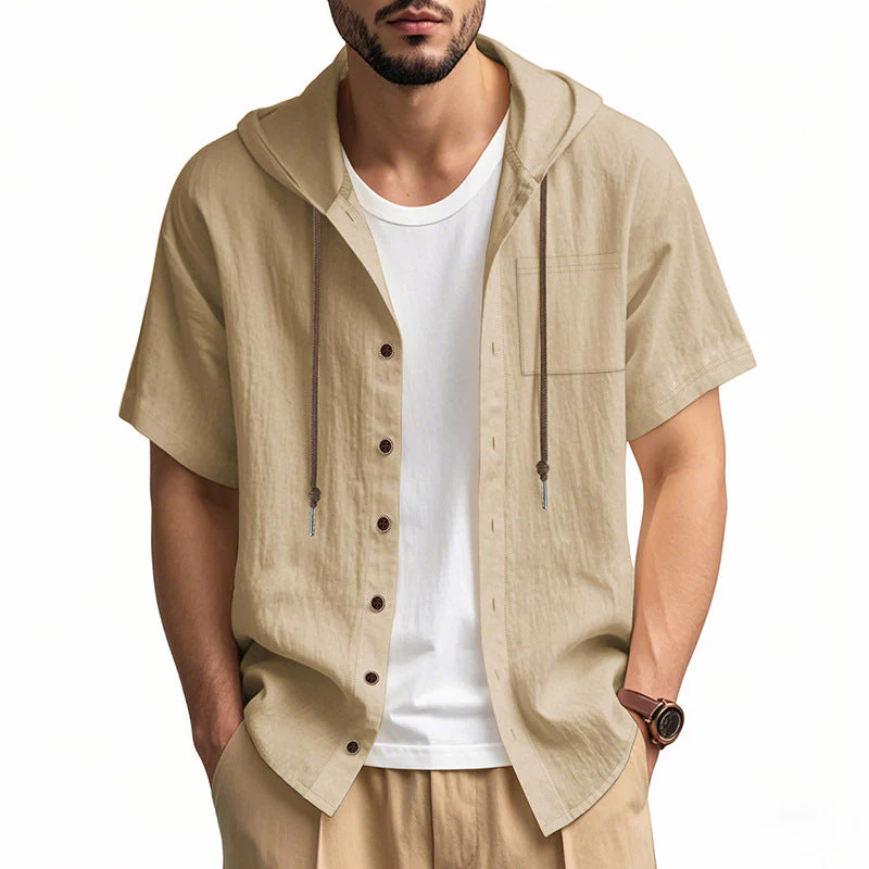 Men's Hooded Shirt – Linen Blend – Relaxed Fit – Short Sleeve – Button Closure Casual - Image 6