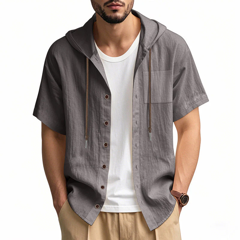 Men's Hooded Shirt – Linen Blend – Relaxed Fit – Short Sleeve – Button Closure Casual - Image 7