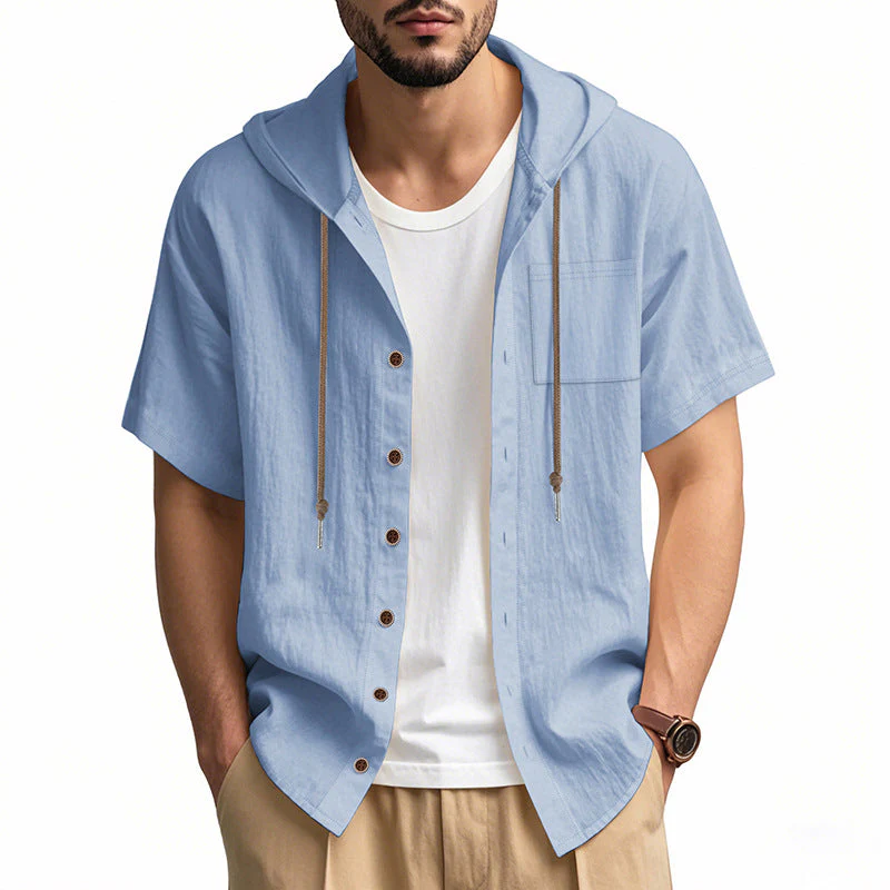 Men's Hooded Shirt – Linen Blend – Relaxed Fit – Short Sleeve – Button Closure Casual - Image 8