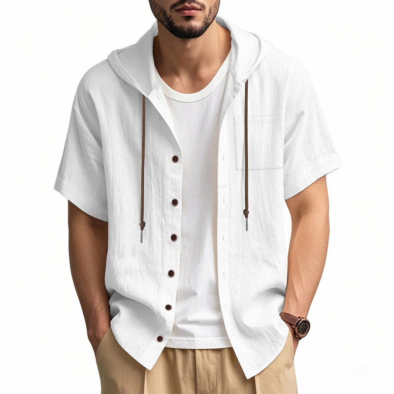Men's Hooded Shirt – Linen Blend – Relaxed Fit – Short Sleeve – Button Closure Casual - Image 9