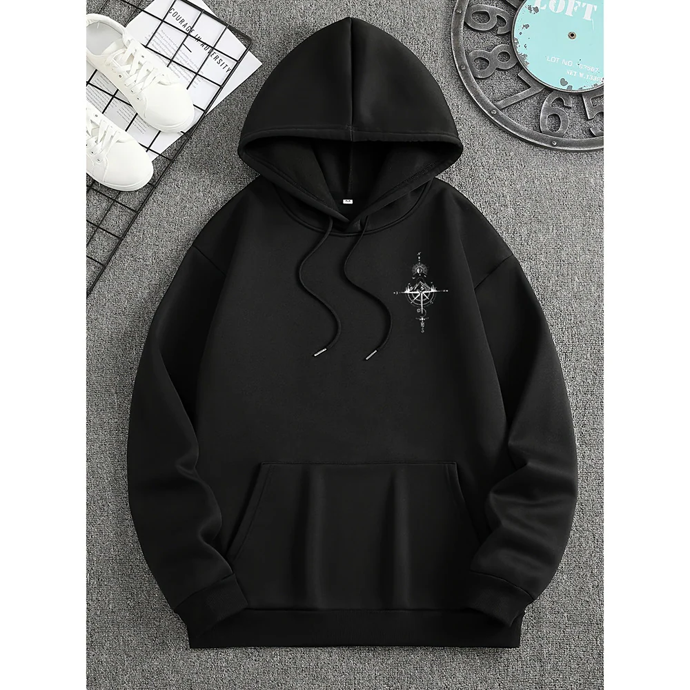 Men's Hoodie – Regular Fit – Compass Print – Cotton – Drawstring Hood – Casual