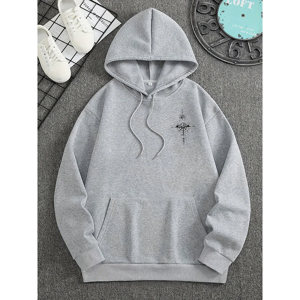 Men's Hoodie – Regular Fit – Compass Print – Cotton – Drawstring Hood – Casual - Image 2
