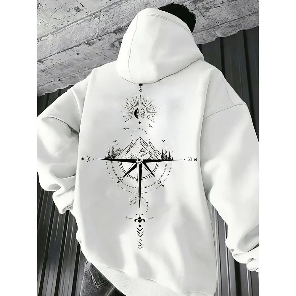 Men's Hoodie – Regular Fit – Compass Print – Cotton – Drawstring Hood – Casual - Image 5