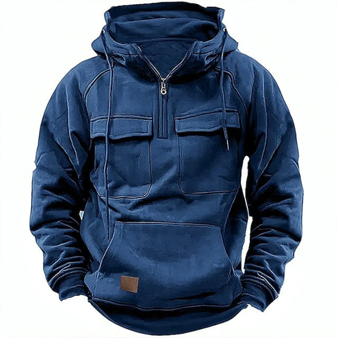 Men's Hoodie – Relaxed Fit – Half Zip – Cotton Blend – Hood with Drawcord – Chest Pockets - Image 3