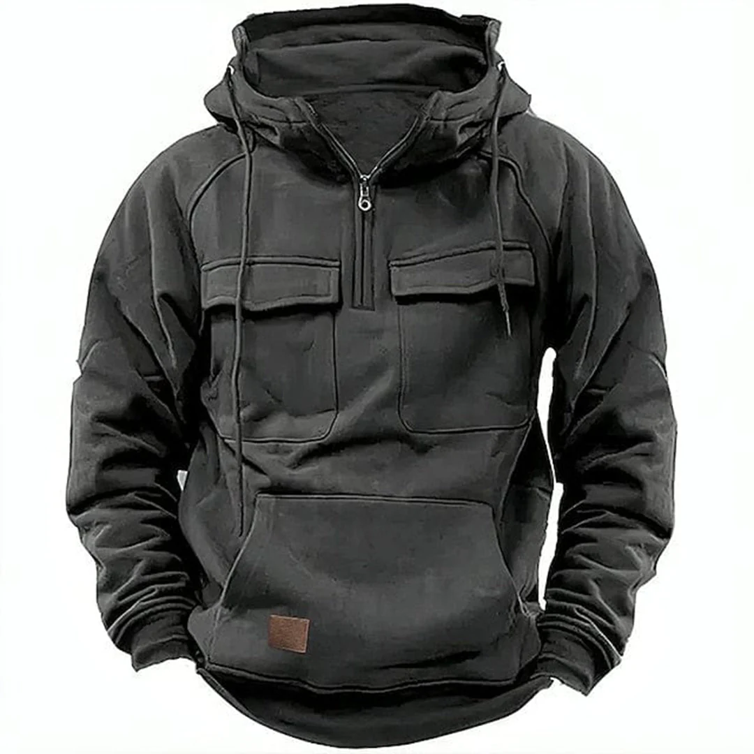 Men's Hoodie – Relaxed Fit – Half Zip – Cotton Blend – Hood with Drawcord – Chest Pockets - Image 4