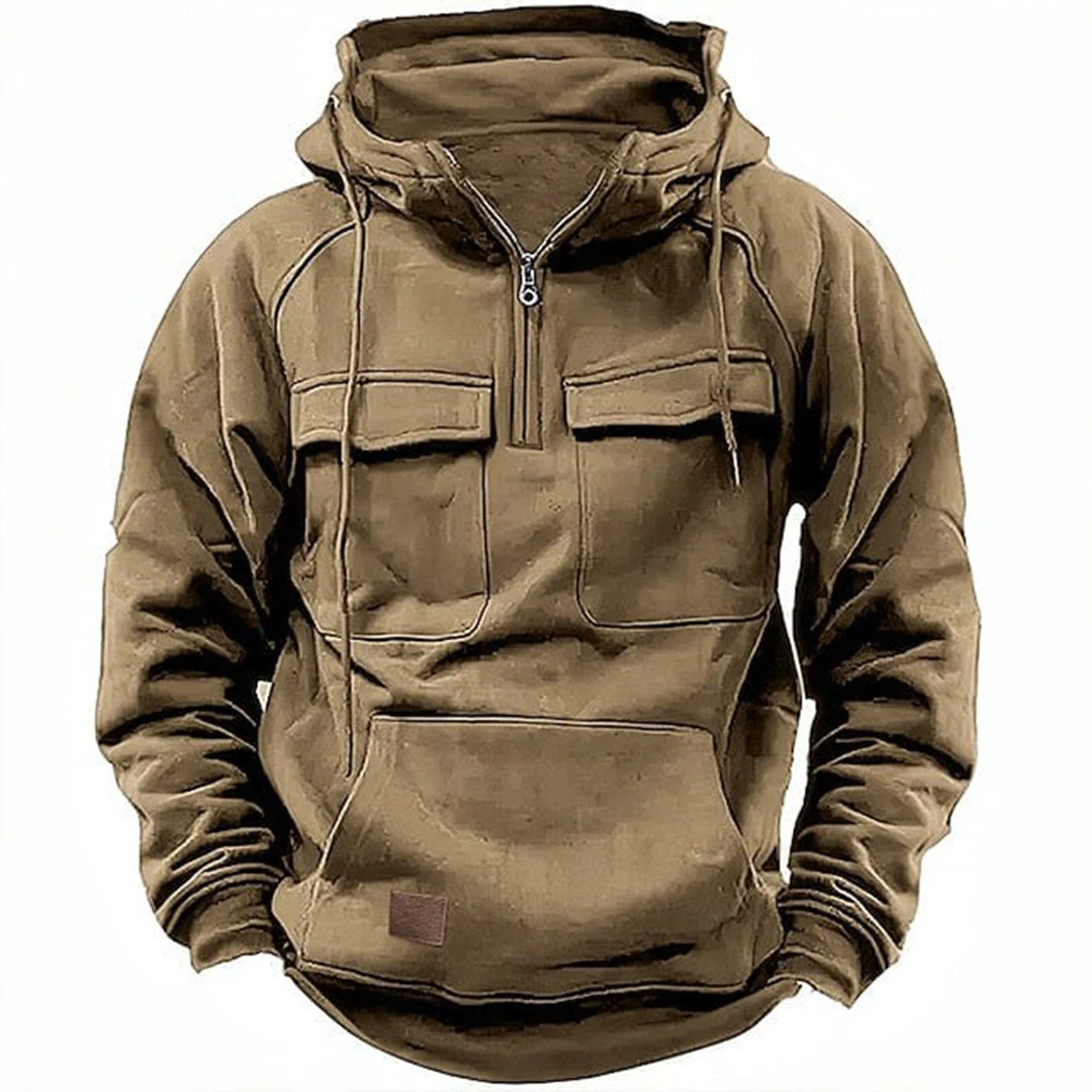 Men's Hoodie – Relaxed Fit – Half Zip – Cotton Blend – Hood with Drawcord – Chest Pockets - Image 5