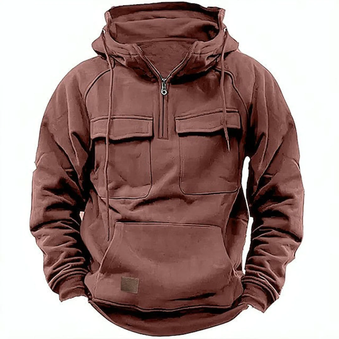 Men's Hoodie – Relaxed Fit – Half Zip – Cotton Blend – Hood with Drawcord – Chest Pockets - Image 6
