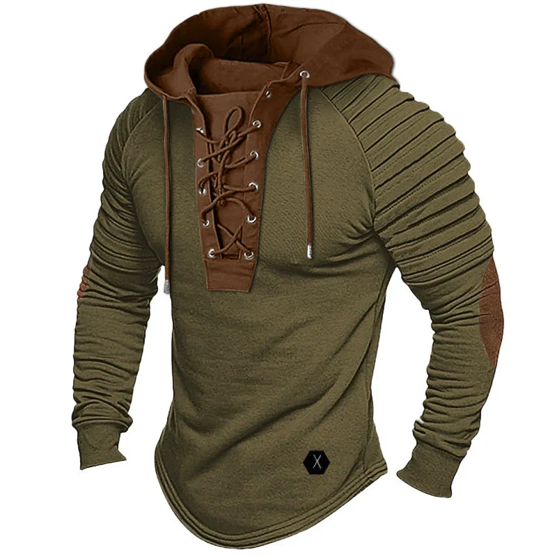 Men's Hoodie Sweatshirt – Slim Fit – V-Neck with Lace-Up Closure – Ribbed Sleeves – Elbow Patches - Image 2