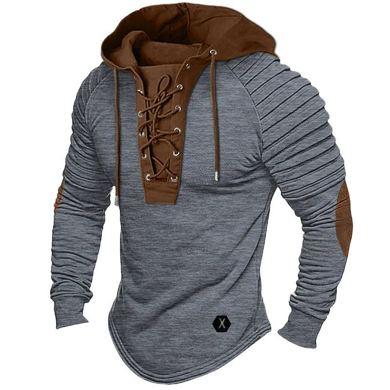 Men's Hoodie Sweatshirt – Slim Fit – V-Neck with Lace-Up Closure – Ribbed Sleeves – Elbow Patches - Image 3