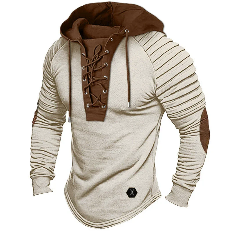Men's Hoodie Sweatshirt – Slim Fit – V-Neck with Lace-Up Closure – Ribbed Sleeves – Elbow Patches - Image 4