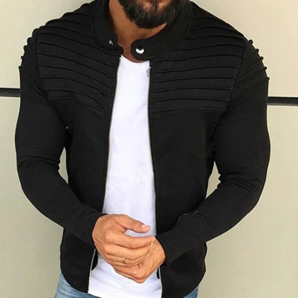 Men's Jacket – Slim Fit – Ribbed Detail – Cotton Blend – High Collar – Zip Closure - Image 2