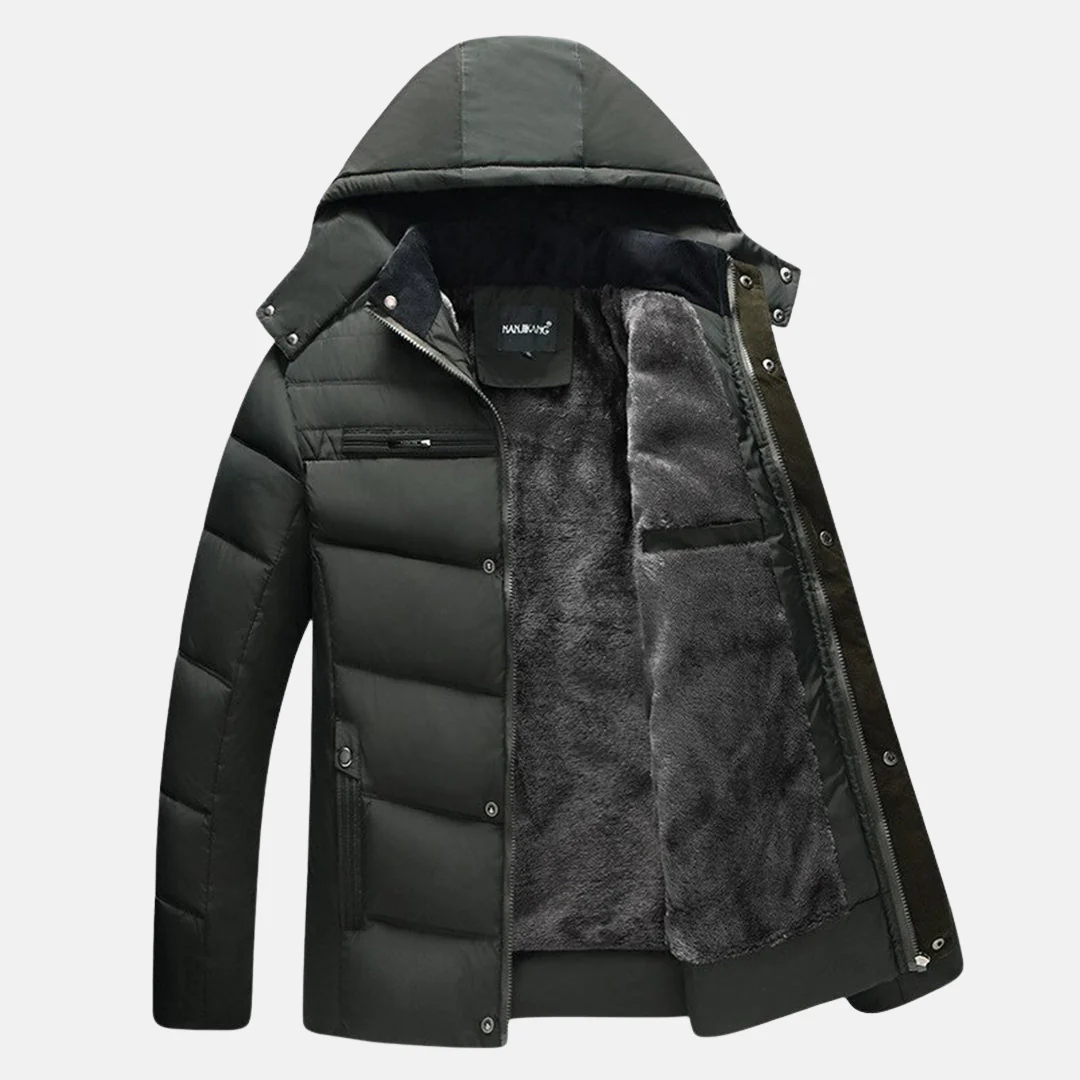 Men's Jacket – Padded – Faux Fur Lining – Hood – Zip and Snap Buttons - Image 2