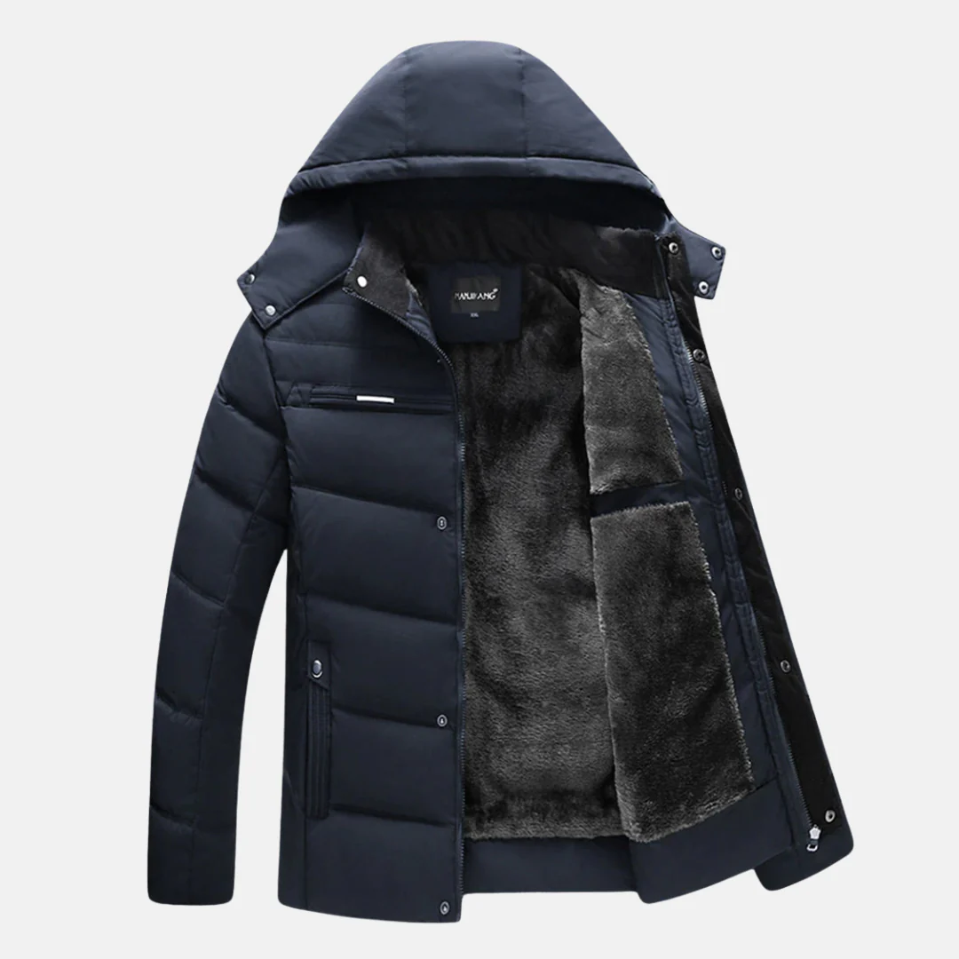 Men's Jacket – Padded – Faux Fur Lining – Hood – Zip and Snap Buttons - Image 3