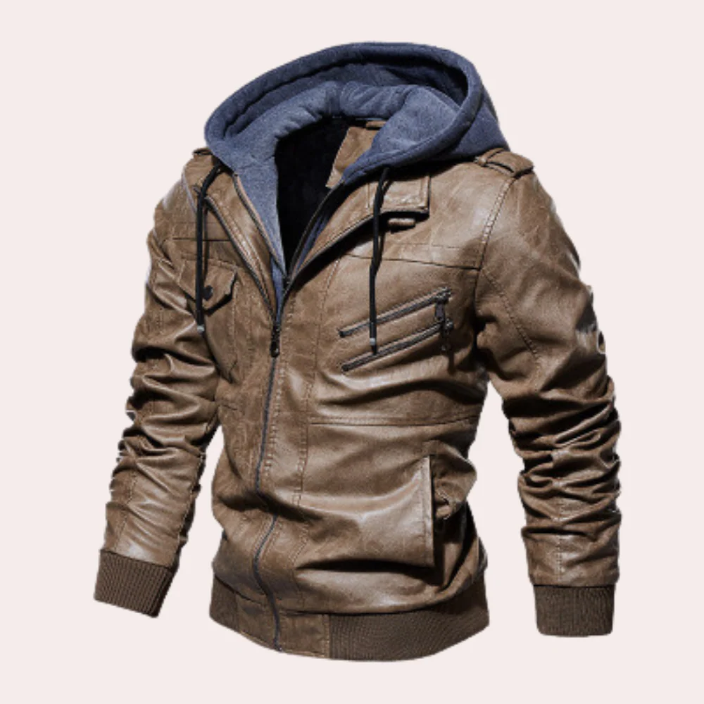 Men's Jacket With Hood – Faux Leather – Tailored Fit – Quilted Lining – Zipper Pockets - Image 3