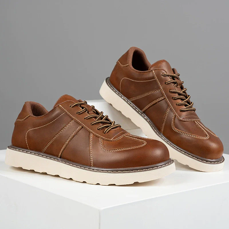 Men's Low Lace-Up Shoes – Leather – Thick Sole – Retro Workwear Style - Image 3
