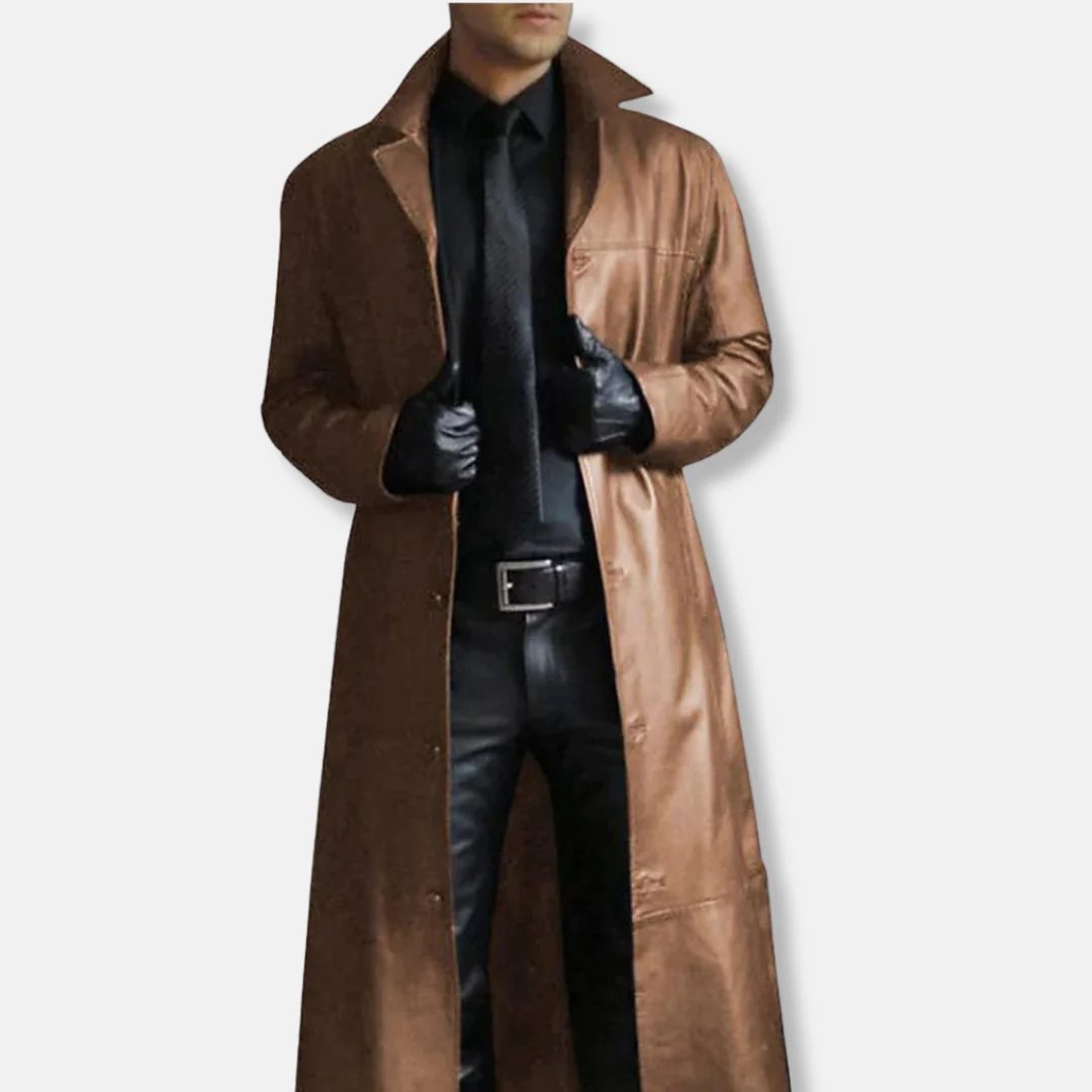 Men's Long Coat – Tailored Fit – Leather Look – Formal With Buttons - Image 2