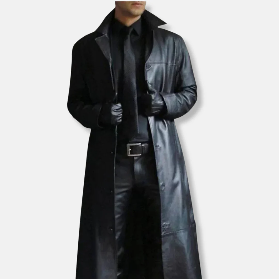 Men's Long Coat – Tailored Fit – Leather Look – Formal With Buttons - Image 3
