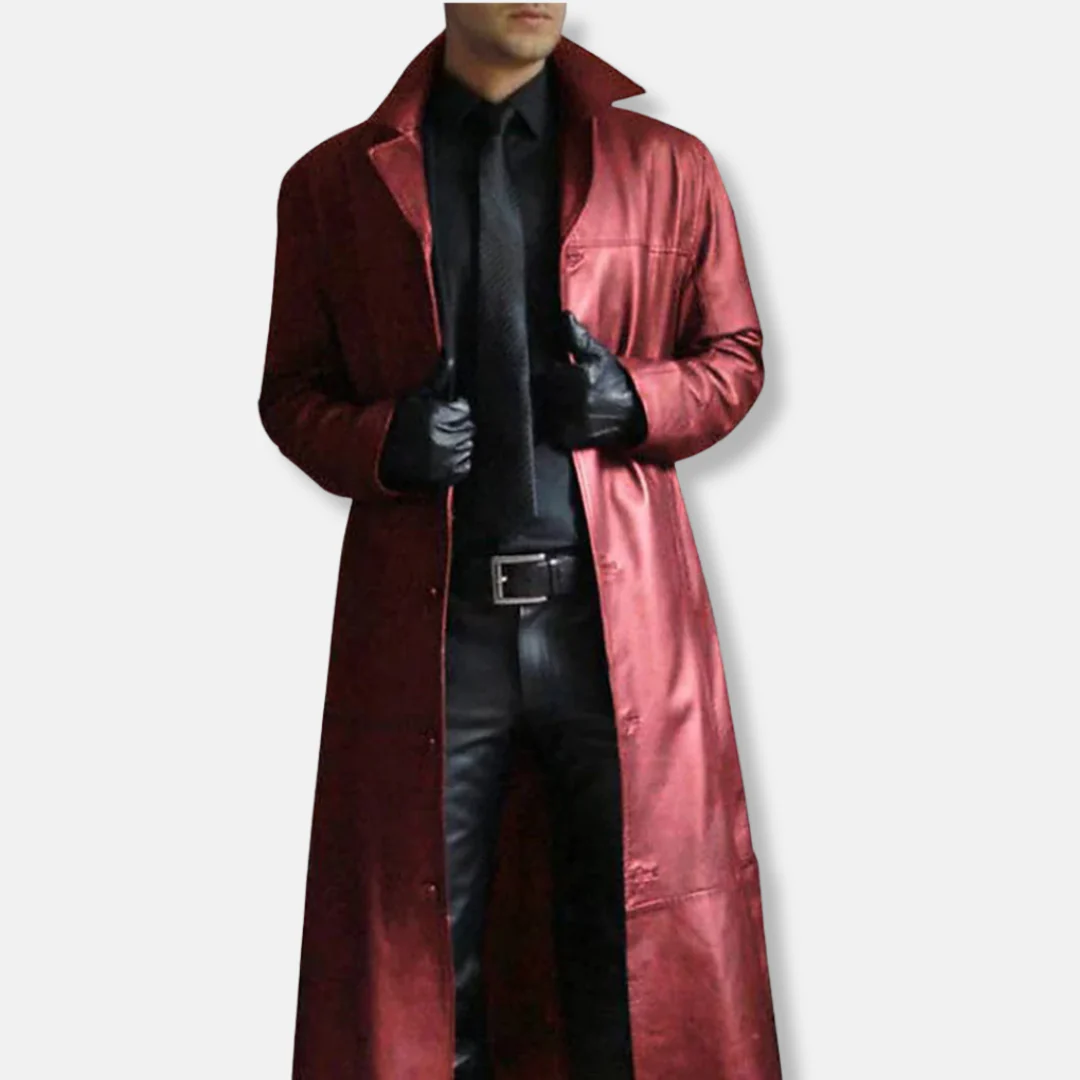 Men's Long Coat – Tailored Fit – Leather Look – Formal With Buttons - Image 4