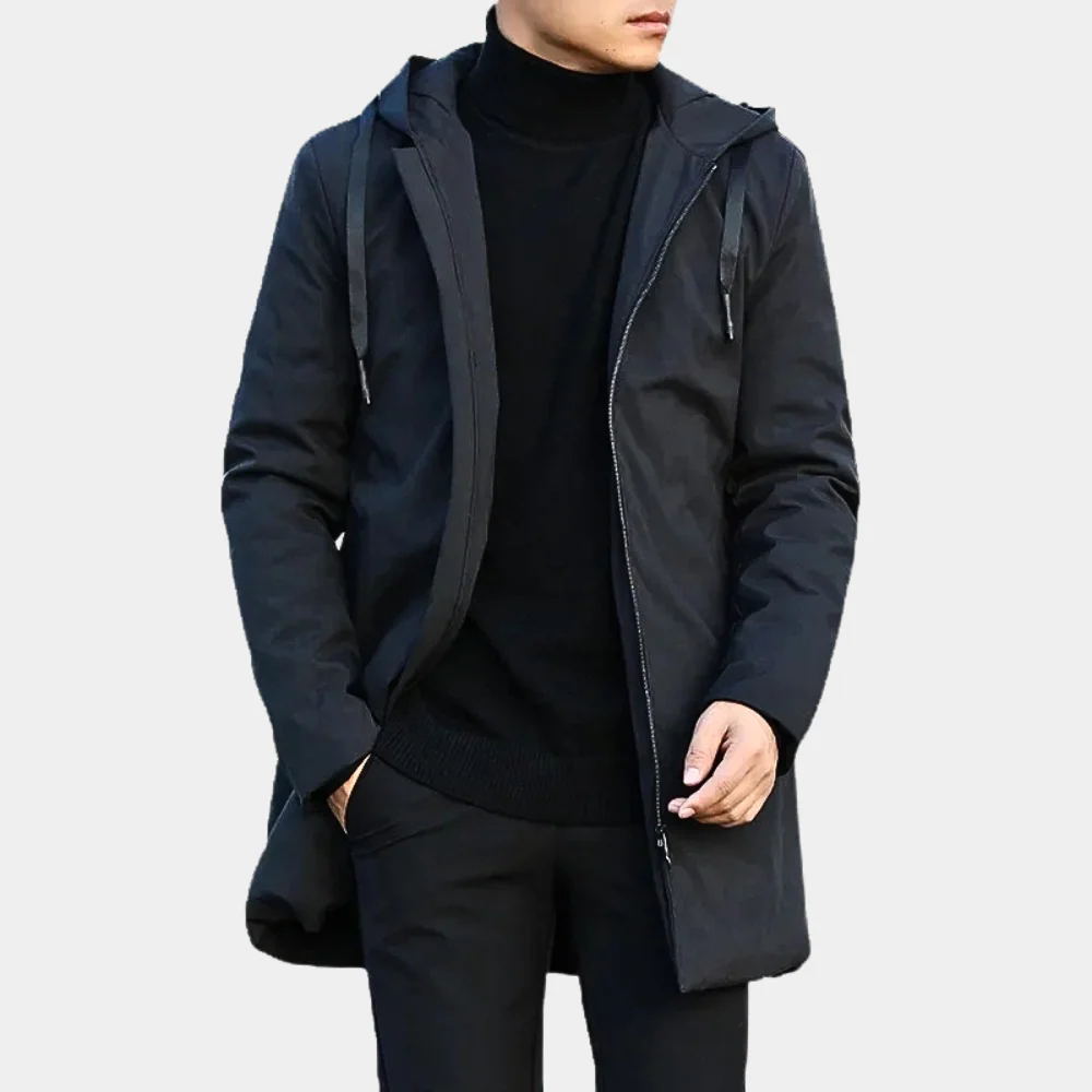 Men's Long Coat – Relaxed Fit – Windproof – Hood – Zip Closure – Urban Style - Image 2