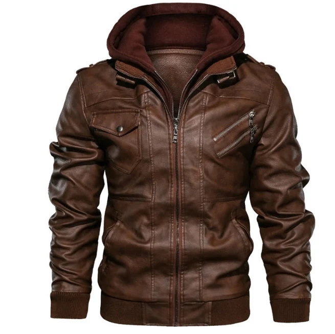 Men's leather jacket – Slim fit – Hood – Zipper closure – Epaulettes – Pockets - Image 2