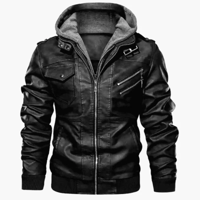 Men's leather jacket – Slim fit – Hood – Zipper closure – Epaulettes – Pockets - Image 3
