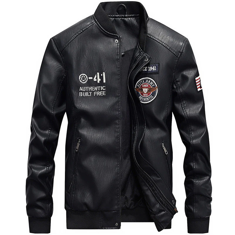 Men's Leather Jacket – Slim Fit – Embroidered Patches – Baseball Collar – Zip Pockets - Image 2