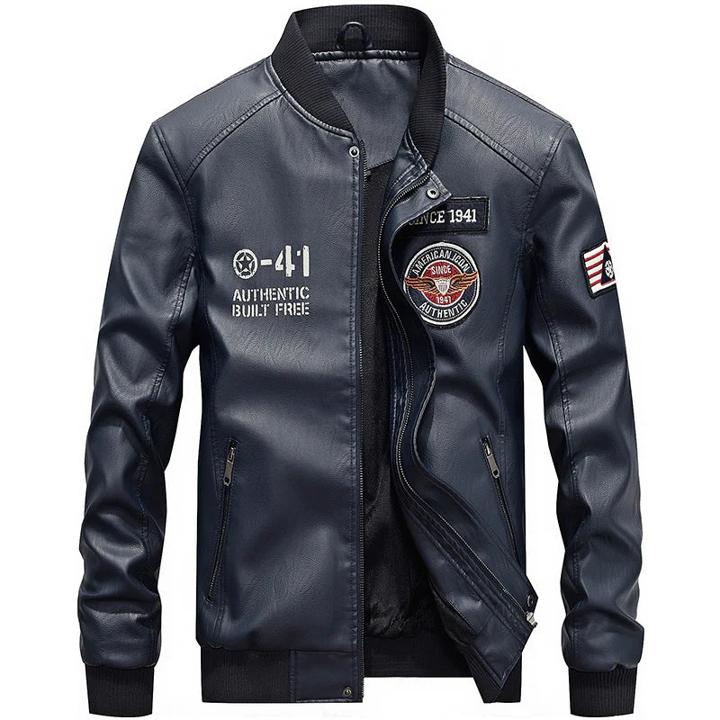 Men's Leather Jacket – Slim Fit – Embroidered Patches – Baseball Collar – Zip Pockets - Image 3