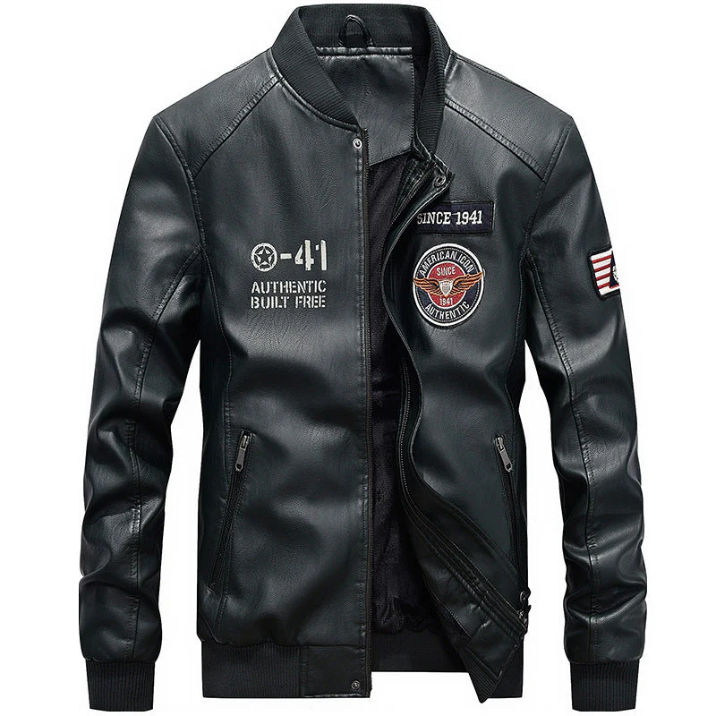 Men's Leather Jacket – Slim Fit – Embroidered Patches – Baseball Collar – Zip Pockets - Image 4
