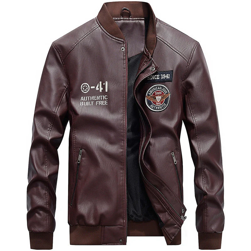 Men's Leather Jacket – Slim Fit – Embroidered Patches – Baseball Collar – Zip Pockets - Image 5