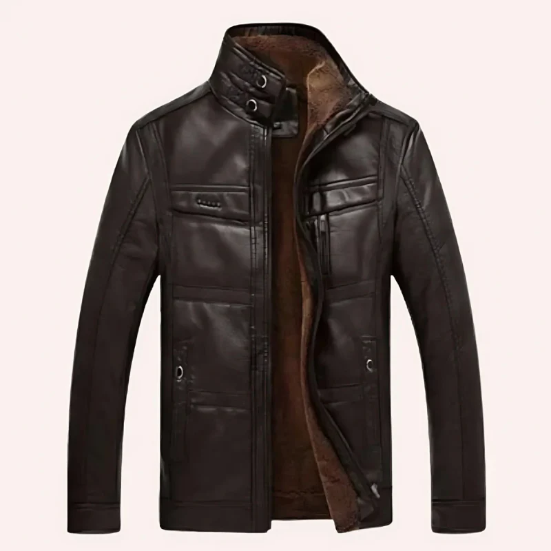 Men's leather jacket – Slim fit – Insulated lining – High collar – Multiple pockets - Image 2