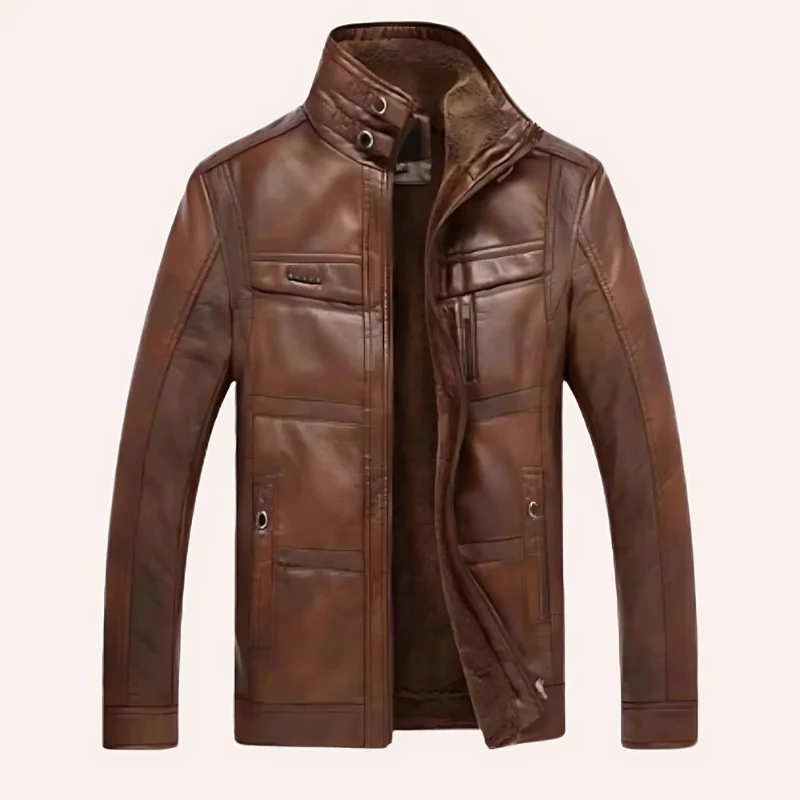 Men's leather jacket – Slim fit – Insulated lining – High collar – Multiple pockets - Image 3